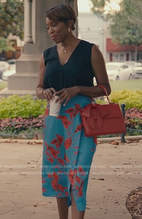 Helen's blue floral wrap skirt on Sweet Magnolias