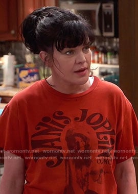 Jackie's red Janis Joplin print tee on Broke