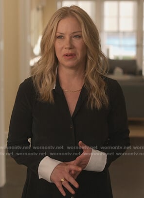 Jen's black contrast blouse on Dead to Me