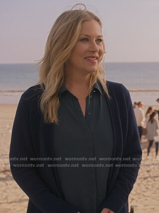 Jen's teal button down blouse on Dead to Me