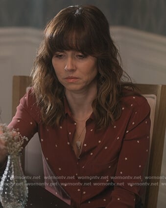 Judy's red star print blouse on Dead to Me