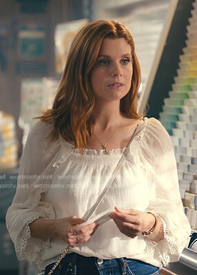 Maddie's white ruffle square neck blouse on Sweet Magnolias