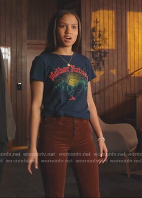 May's mother nature print tee and brown corduroy pants on 9-1-1