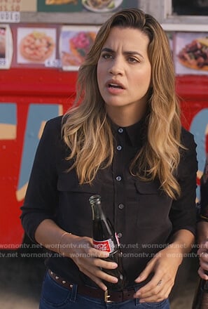 Michelle's black silk blouse on Dead to Me