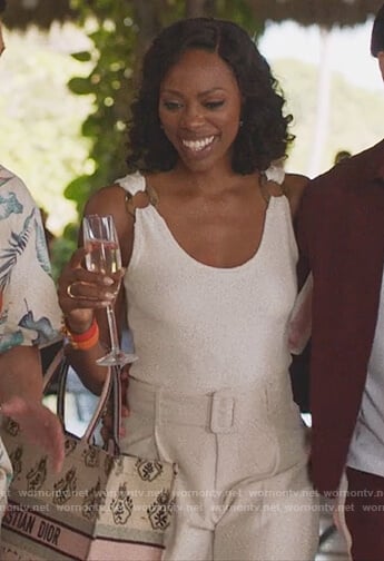 Molly's white ring detail bodysuit and pants on Insecure