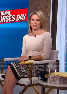 Amy's beige boat neck top and print skirt on Good Morning America