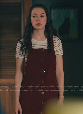 Annie's striped tee and burgundy corduroy pinafore dress on Sweet Magnolias