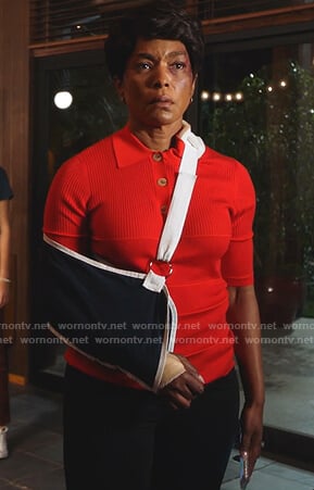 Athena's red ribbed polo shirt on 9-1-1