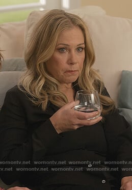 Jen's black button down blouse on Dead to Me