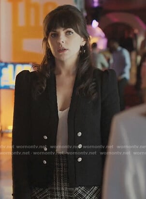 Pipper's black puff shoulder blazer on The Baker and the Beauty