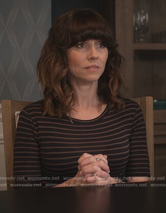 Judy's black striped tee on Dead to Me