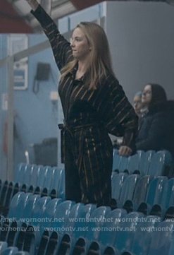 Villanelle's black stripe jumpsuit on Killing Eve