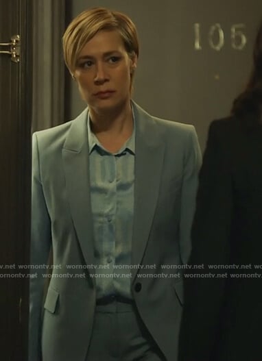 Bonnie's blue printed blouse and blazer on How to Get Away with Murder