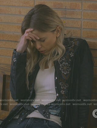 Cameron's black floral embroidered suede fringe jacket on Roswell New Mexico