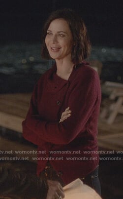Cassie's red asymmetric button cardigan on Good Witch