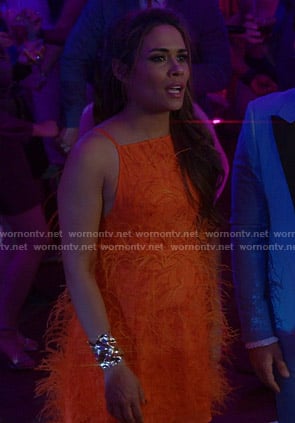 Cristal's orange feather mini dress on Dynasty