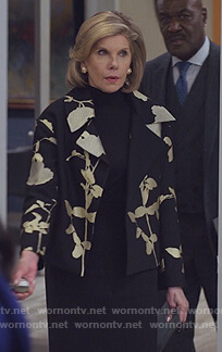 Diane's black floral metallic blazer on The Good Fight