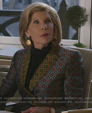 Diane's geometric print blazer on The Good Fight