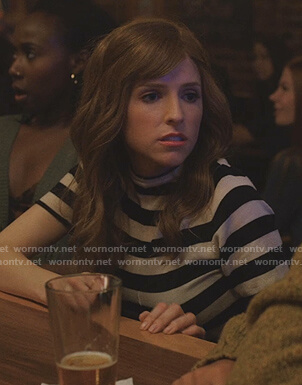Darby's black and white striped mock neck top on Love Life