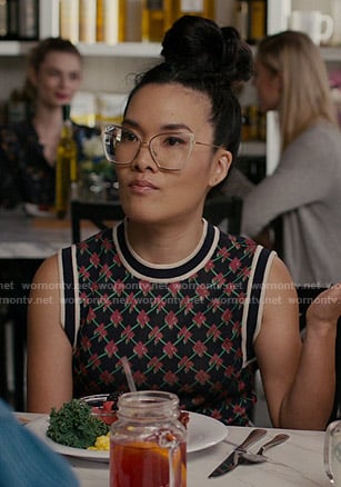 Doris's black patterned vest on American Housewife