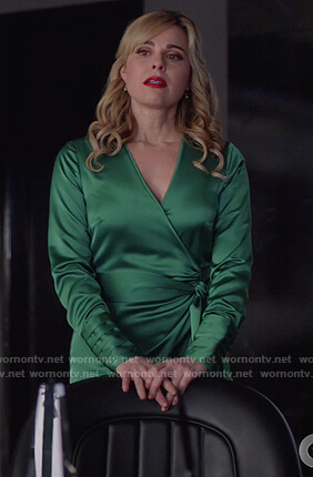 Gamemnae's green satin wrap dress on Supergirl