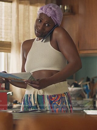 Issa's white ribbed tank top on Insecure