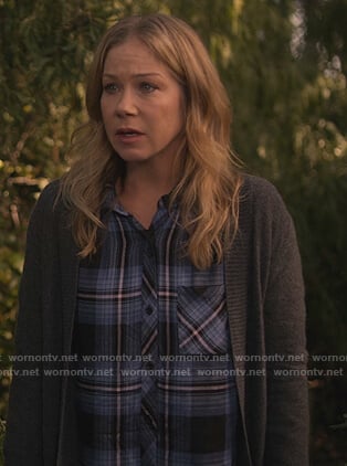 Jen's blue plaid shirt on Dead to Me