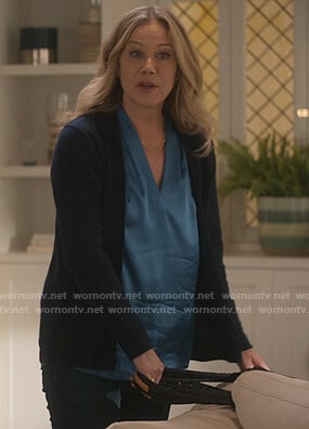 Jen's blue v-neck silk blouse on Dead to Me