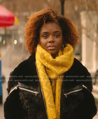 Josie's black zip front fur jacket on Katy Keene