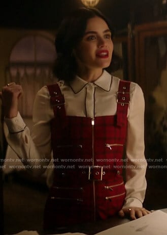 Katy's red plaid belted jumpsuit on Katy Keene