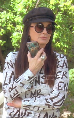Kyle's newspaper graffiti print blouse on The Real Housewives of Beverly Hills