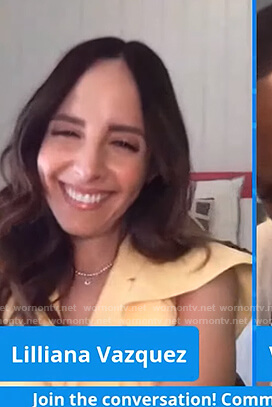 Lilliana's yellow ruffle shoulder dress on E! News
