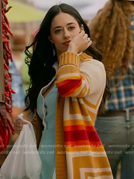 Liz's orange geometric print cardigan on Roswell New Mexico