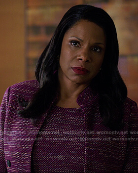 Liz's purple tweed dress and jacket on The Good Fight