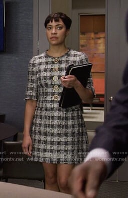 Lucca's black check tweed dress on The Good Fight