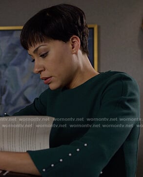 Lucca's green pearl embellished cuff dress on The Good Fight