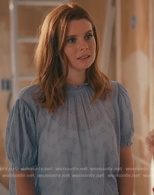 Maddie's blue embroidered top on Sweet Magnolias