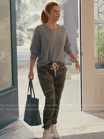 Maddie's gray sweatshirt and camo sweatpants on Sweet Magnolias