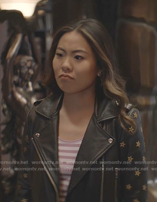 Mary's black star embroidered moto jacket on Batwoman