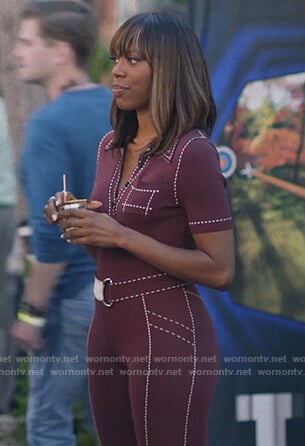 Molly's burgundy contrast stitch jumpsuit on Insecure
