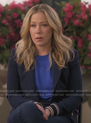 Jen's blue double breasted blazer on Dead to Me