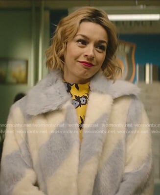 Pepper's sky blue and white stripe fur coat on Katy Keene