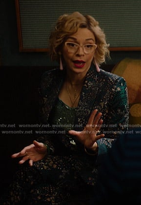 Pepper's mixed print suit on Katy Keene