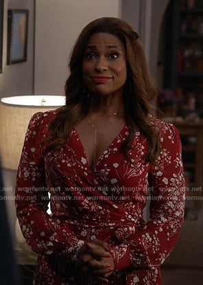 Poppy's red floral wrap dress on Single Parents