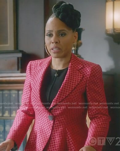 Tegan's red jacquard printed blazer on How to Get Away with Murder