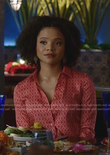 Vanessa's red printed blouse and pants on Dynasty