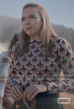 Villanelle's geometric print top and zip skirt on Killing Eve