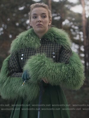 Villanelle's green plaid feather trim jacket on Killing Eve