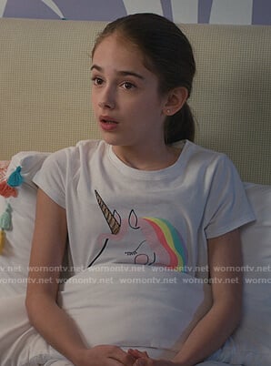 Anna's white unicorn print tee on American Housewife