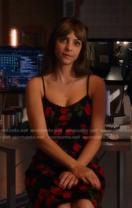 Zari's black rose print dress on Legends of Tomorrow